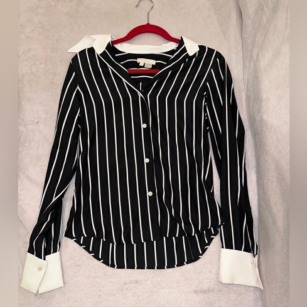 Zara size S black and white striped button down shirt women long sleeve